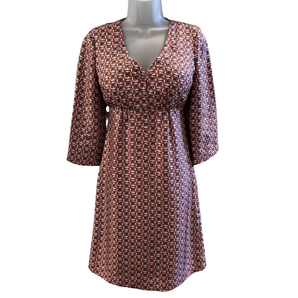 Boden Silk Floral Empire Waist V-Neck 3/4 Sleeve Dress Geometric Whimsical Sz‎ 4